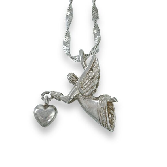 Vintage Sterling Silver 925 Heart Dangle Angel Charm Pendant ONLY - Picture 2 of 4